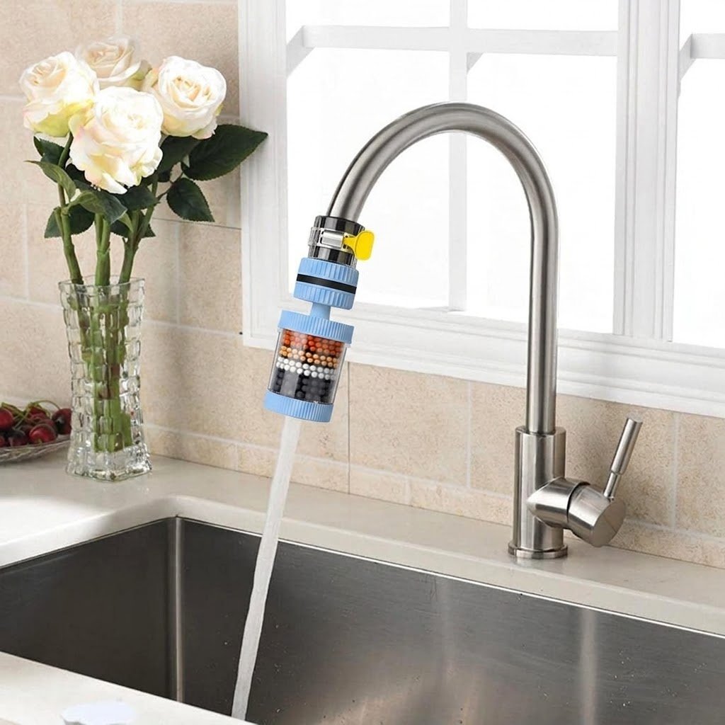 Zibby 6-Layer Faucet Water Filter installed on a kitchen faucet