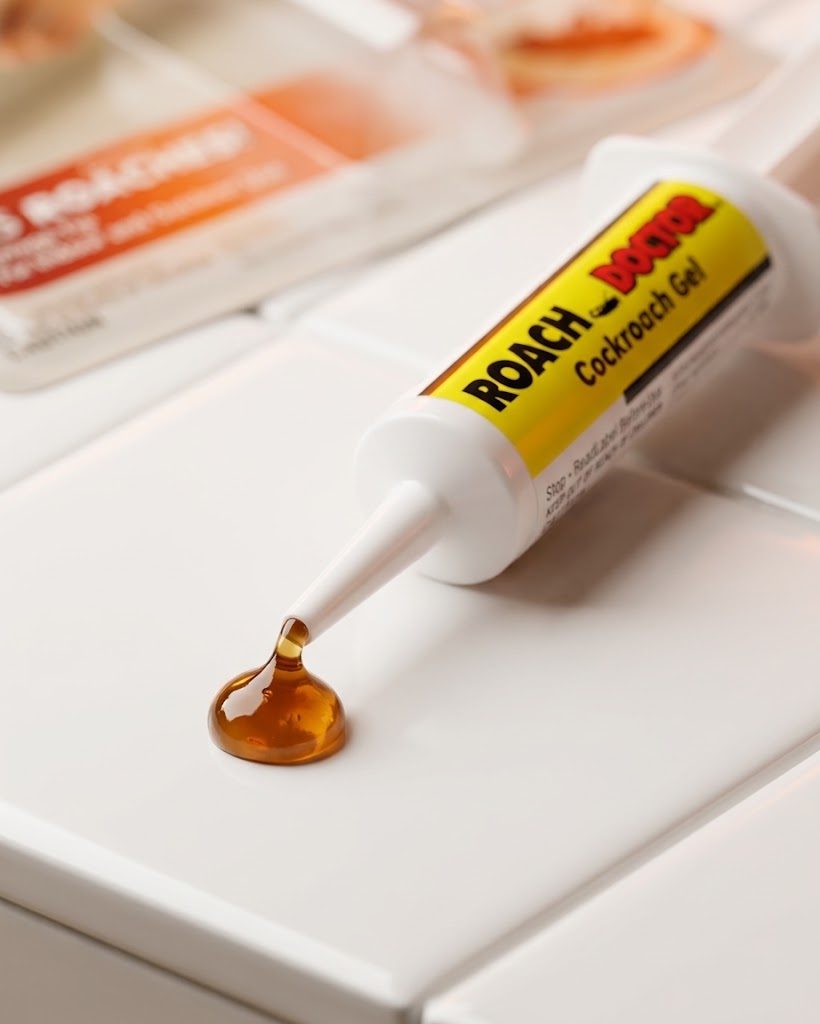 Close-up of a single amber drop of Roach Doctor cockroach gel bait