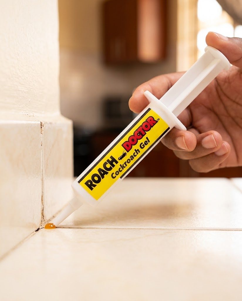 Applying Roach Doctor cockroach gel bait into a kitchen tile corner crack