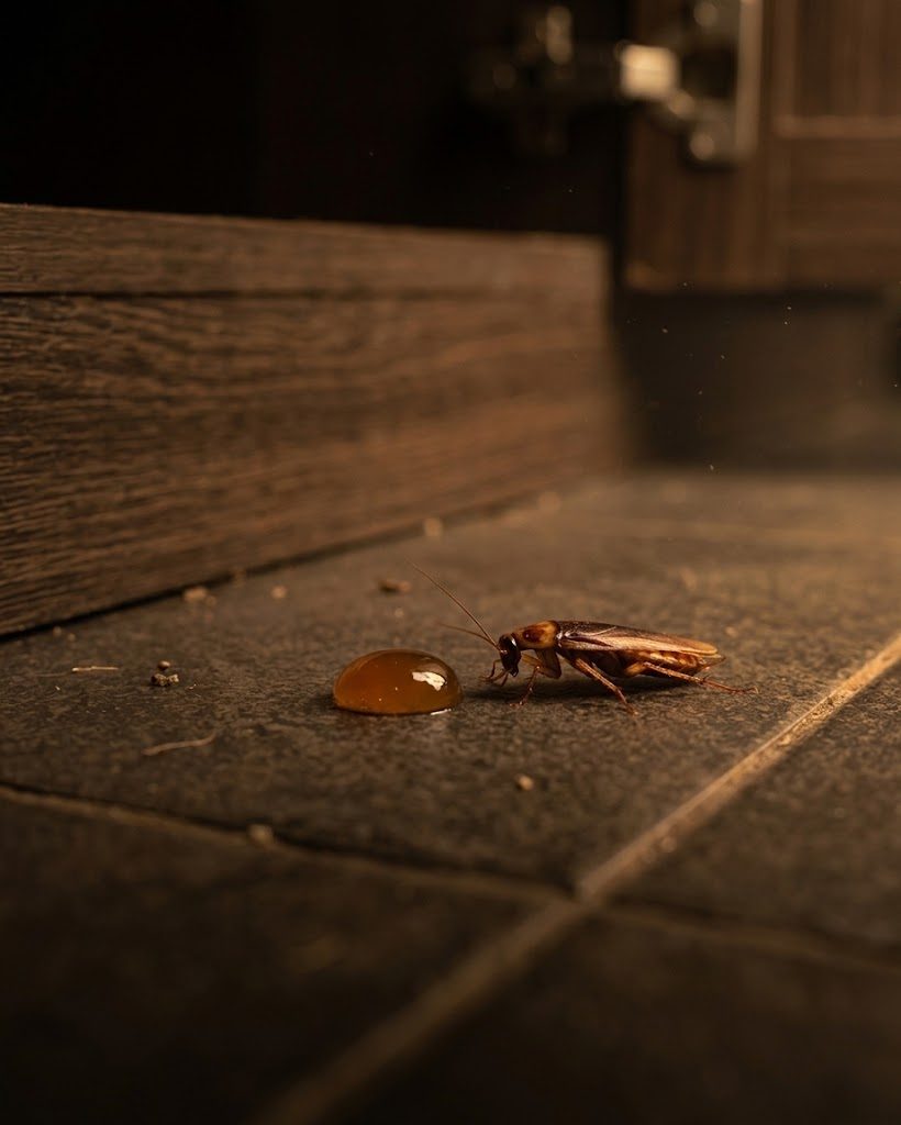 A cockroach approaching a dot of Roach Doctor gel bait on tile